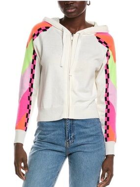 WISPR White and Neon Colors Chevron Sleeve Silk Blend Hooded Sweatshirt Sweater